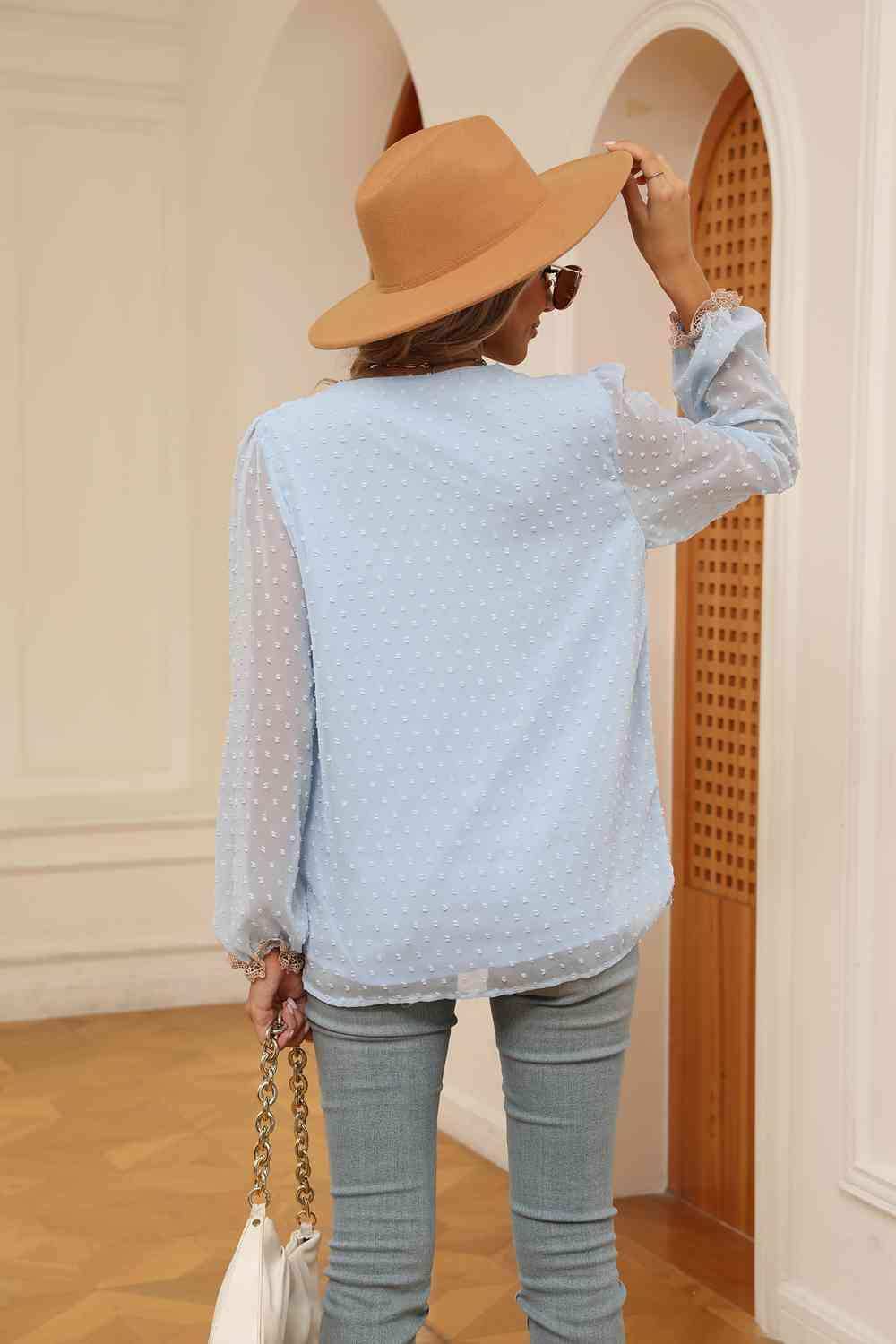 Swiss Dot Contrast V-Neck Blouse - Trendsi - Flyclothing LLC