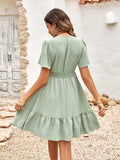Swiss Dot V-Neck Openwork Puff Sleeve Dress - Trendsi - Flyclothing LLC