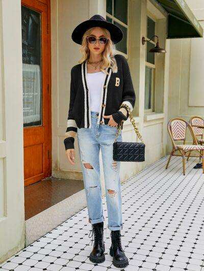 Contrast Button Up Dropped Shoulder Cardigan - Trendsi - Flyclothing LLC