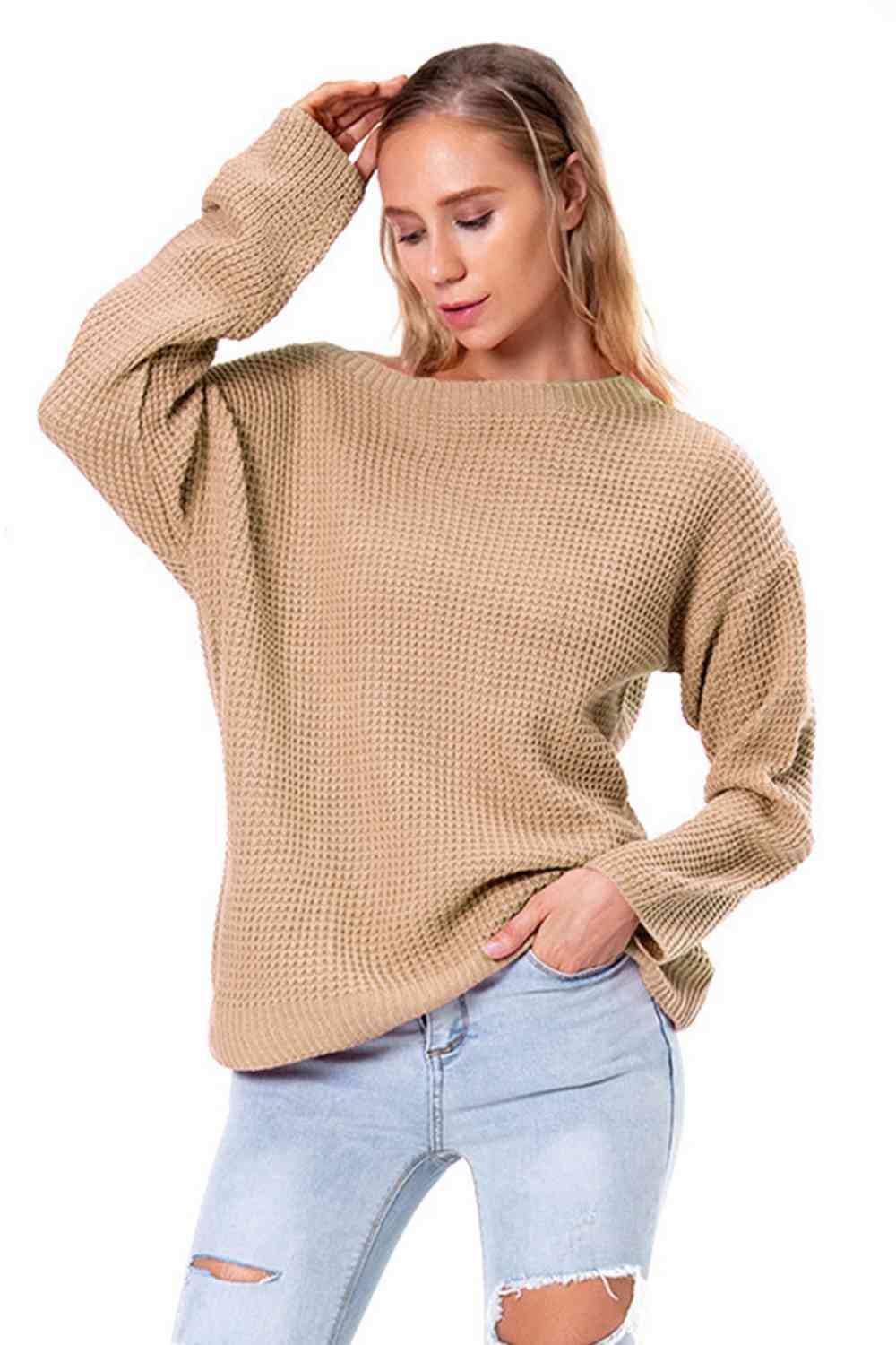 Boat Neck Drop Shoulder Long Sleeve Sweater - Trendsi - Flyclothing LLC