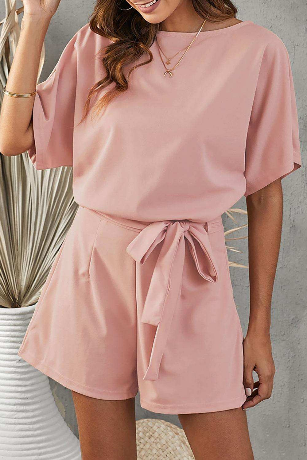 Tie Belt Short Sleeve Romper - Trendsi - Flyclothing LLC