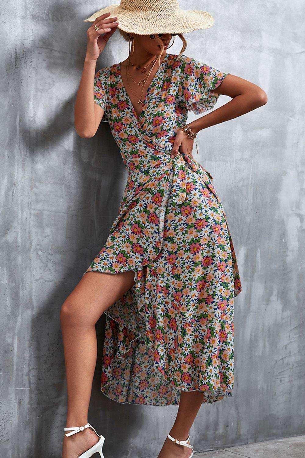 Floral Surplice Neck Tied Midi Dress - Trendsi - Flyclothing LLC