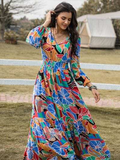Printed Smocked Tie Neck Balloon Sleeve Maxi Dress - Trendsi - Flyclothing LLC