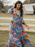 Printed Smocked Tie Neck Balloon Sleeve Maxi Dress - Trendsi - Flyclothing LLC