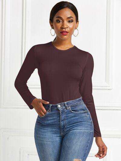 Round Neck Long Sleeve Bodysuit - Trendsi - Flyclothing LLC