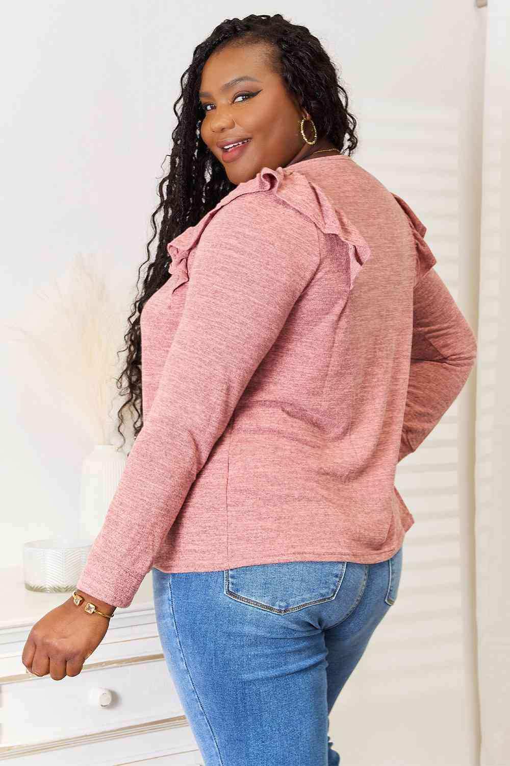 Double Take Square Neck Ruffle Shoulder Long Sleeve T-Shirt - Trendsi - Flyclothing LLC