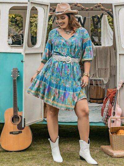 Plus Size Printed Tie Neck Mini Dress - Trendsi - Flyclothing LLC