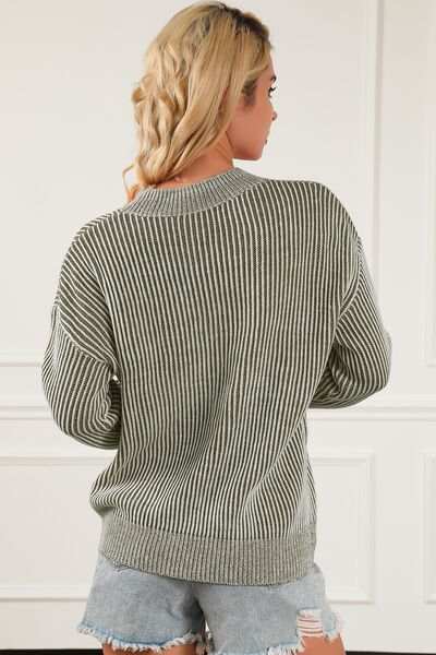 Striped Mock Neck Dropped Shoulder Sweater - Trendsi - Flyclothing LLC