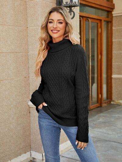 Cable-Knit Mock Neck Sweater - Trendsi - Flyclothing LLC