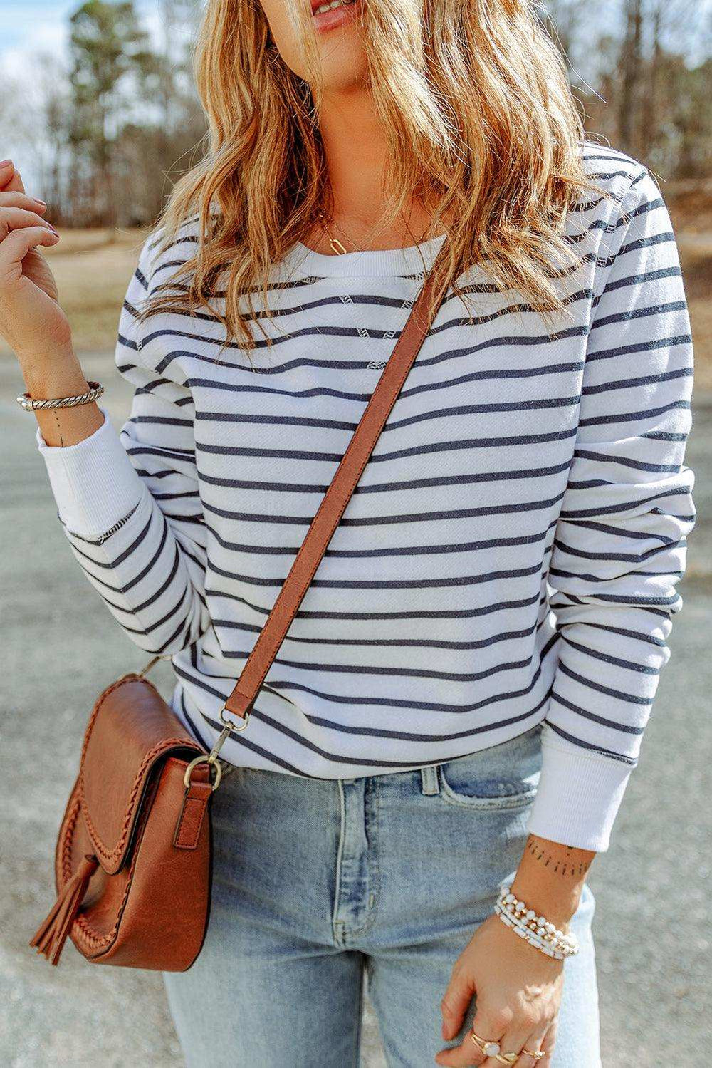Striped Long Sleeve Round Neck Top - Trendsi - Flyclothing LLC