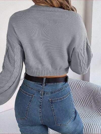 Cable-Knit Round Neck Cropped Sweater - Trendsi - Flyclothing LLC