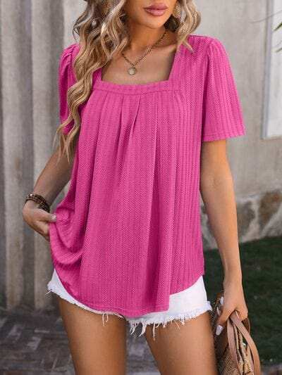 Ruched Square Neck Short Sleeve Blouse - Trendsi - Flyclothing LLC