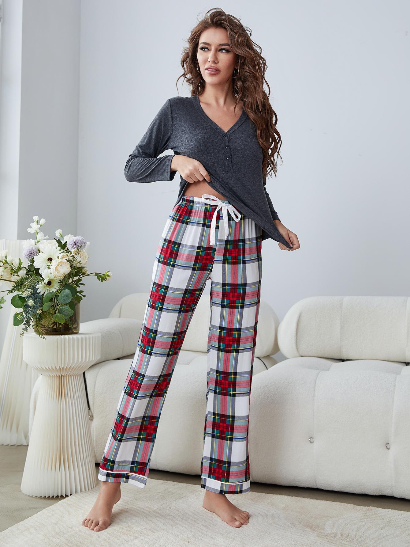 Buttoned Long Sleeve Top and Plaid Pants Lounge Set – Flyclothing LLC