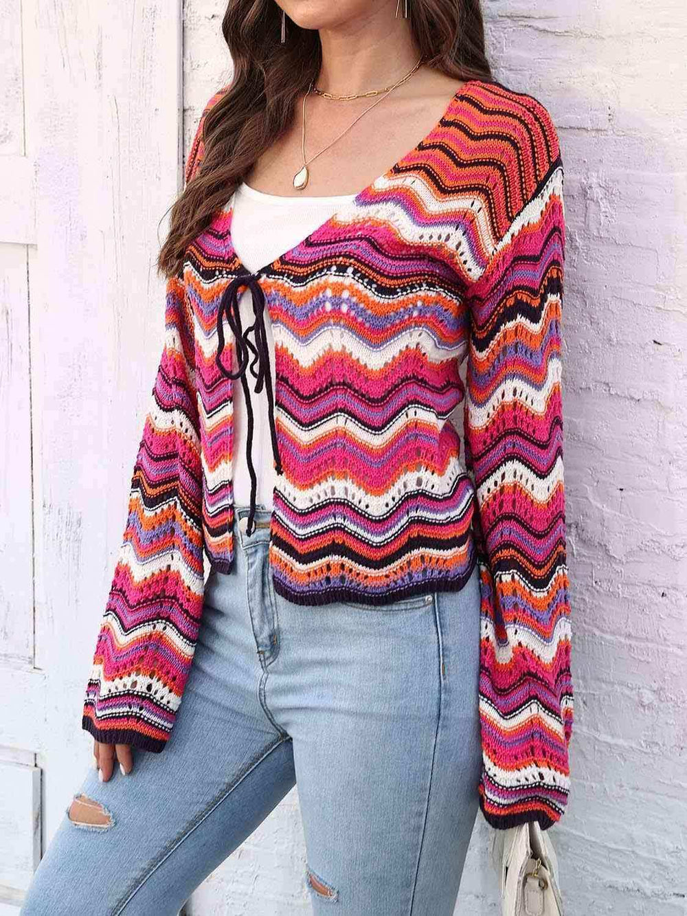 Striped Openwork Tied Cardigan - Trendsi - Flyclothing LLC