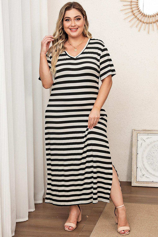 Plus Size V-Neck Side Slit Maxi Dress - Trendsi - Flyclothing LLC