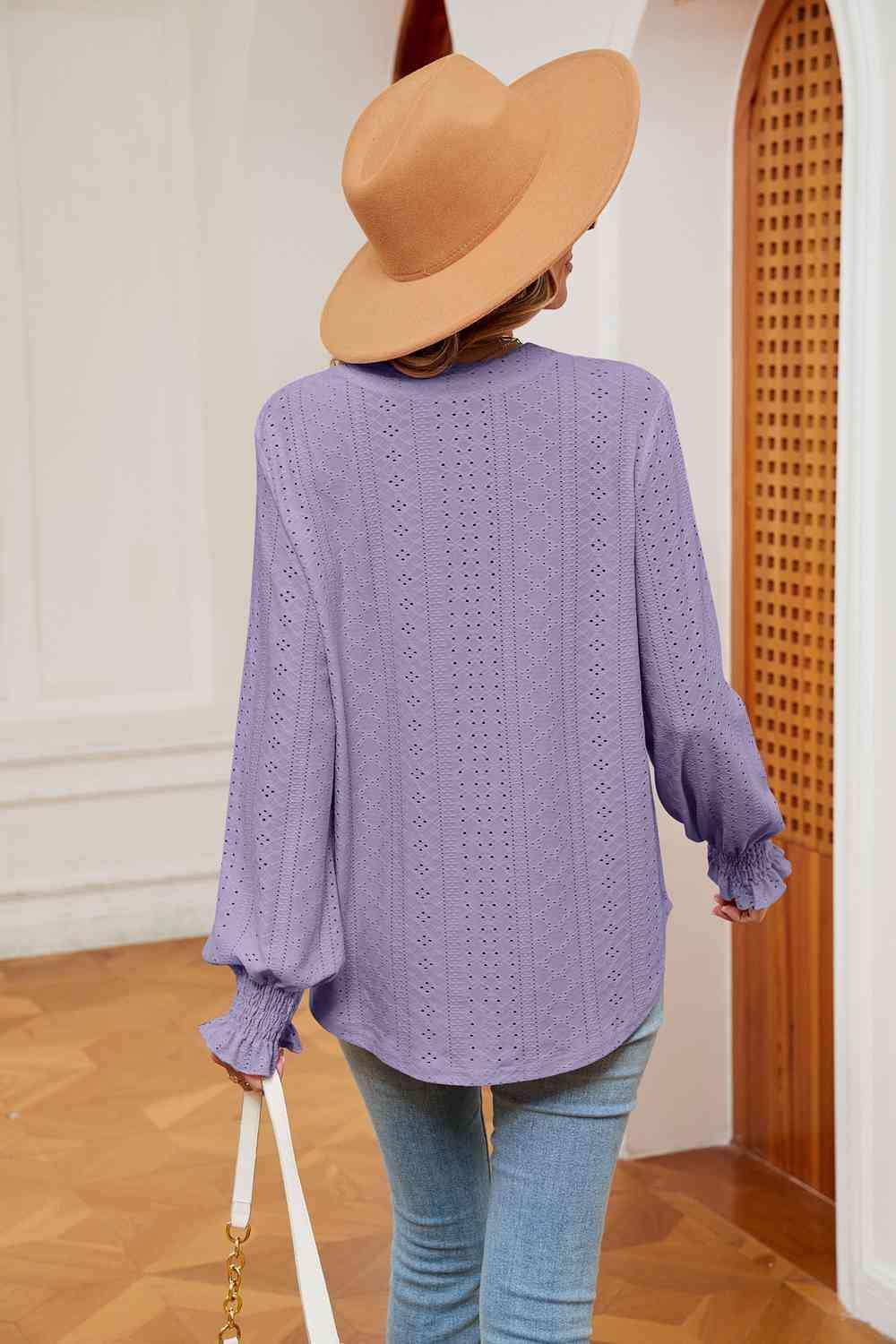 Notched Neck Flounce Sleeve Blouse - Trendsi - Flyclothing LLC