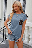 Leopard Round Neck Cap Sleeve T-Shirt - Trendsi - Flyclothing LLC