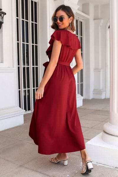 Ruffled Surplice Tie Waist Slit Midi Dress - Trendsi - Flyclothing LLC