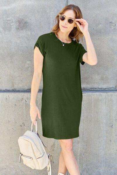 Basic Bae Full Size Round Neck Short Sleeve Dress with Pockets - Trendsi - Flyclothing LLC