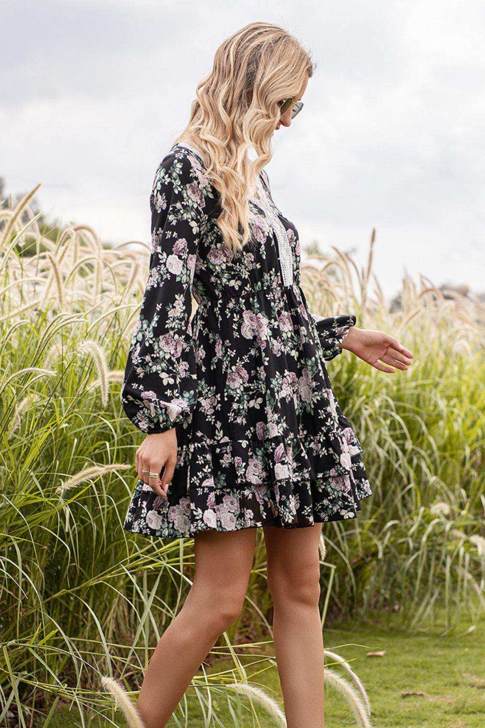 Floral Lace Trim Long Sleeve Dress - Trendsi - Flyclothing LLC