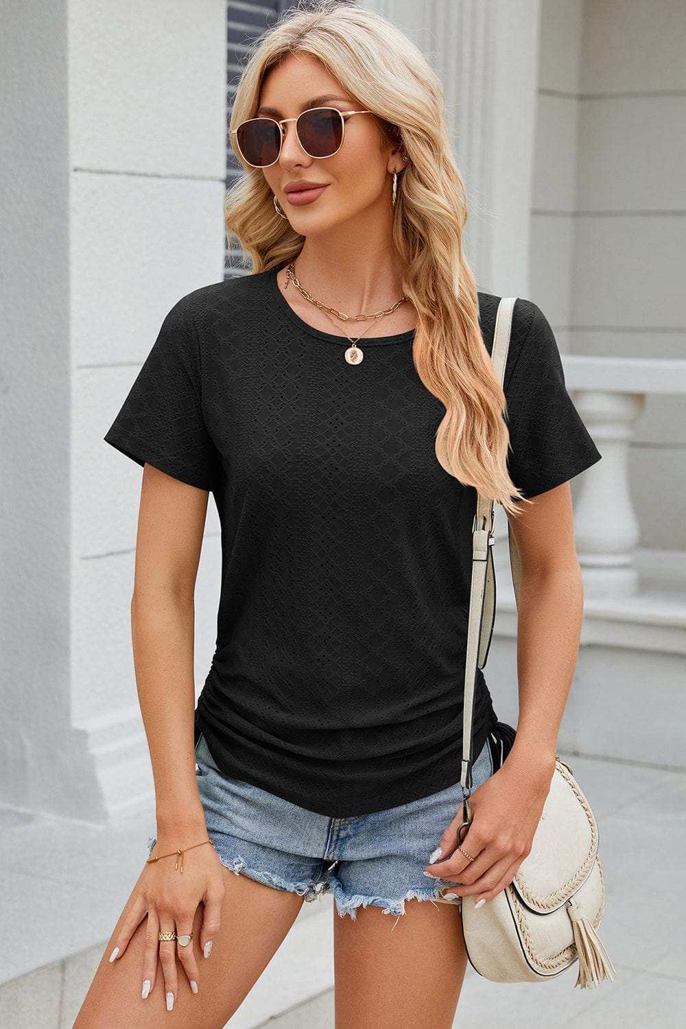 Eyelet Round Neck Short Sleeve T-Shirt - Trendsi - Flyclothing LLC