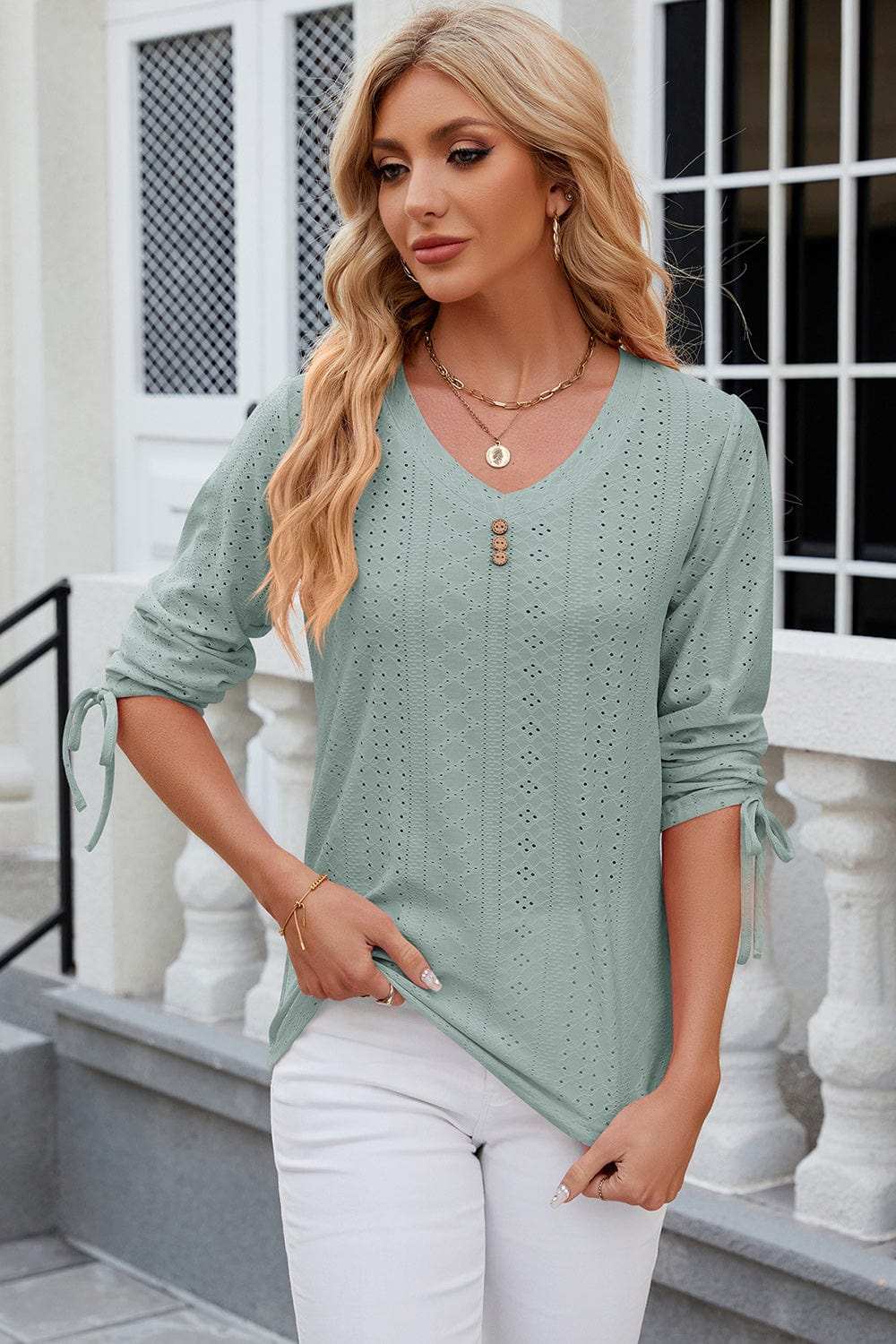 Eyelet Drawstring V-Neck Half Sleeve T-Shirt - Trendsi - Flyclothing LLC