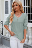 Eyelet Drawstring V-Neck Half Sleeve T-Shirt - Trendsi - Flyclothing LLC