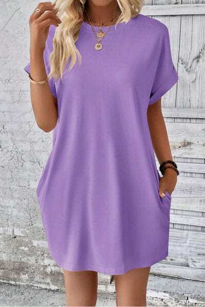 Pocketed Round Neck Short Sleeve Dress - Trendsi - Flyclothing LLC
