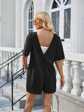 Backless Pocketed Round Neck Half Sleeve Romper - Trendsi - Flyclothing LLC