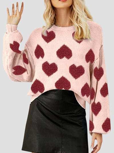 Heart Round Neck Dropped Shoulder Sweater - Trendsi - Flyclothing LLC