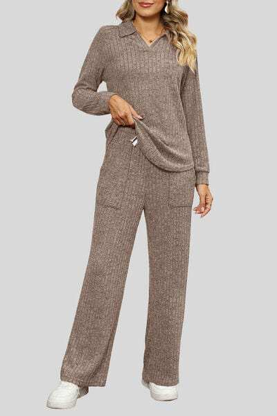 Ribbed Long Sleeve Top and Pocketed Pants Set - Trendsi - Flyclothing LLC