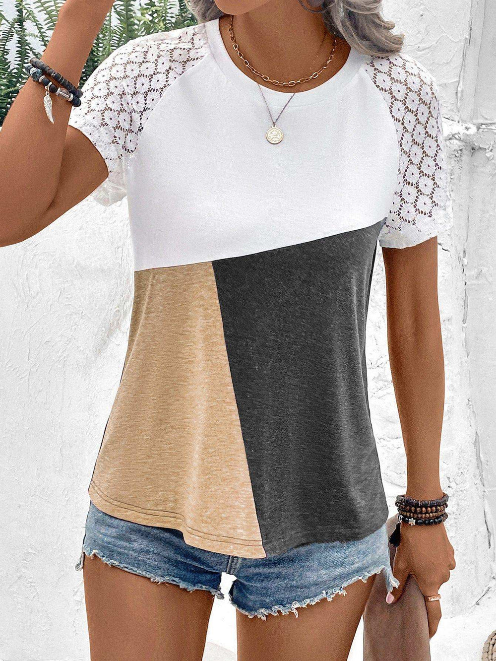 Color Block Raglan Sleeve Round Neck Tee - Trendsi - Flyclothing LLC
