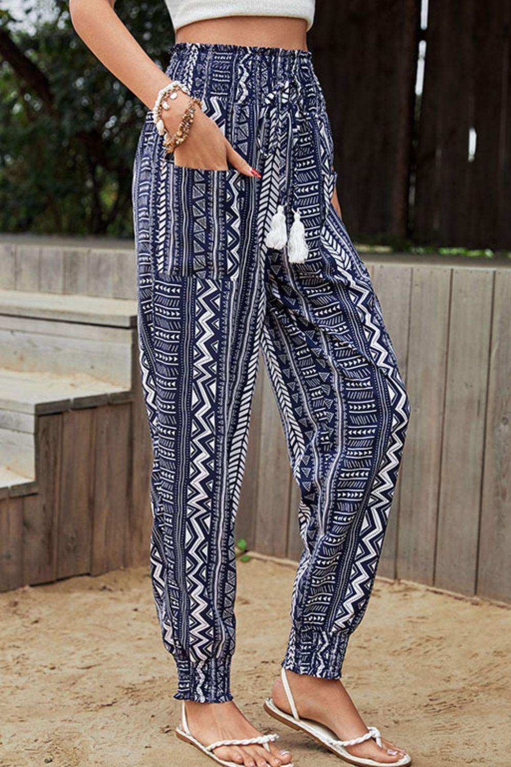 Geometric Print Tassel High-Rise Pants - Trendsi - Flyclothing LLC
