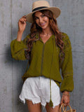 Crochet Tassel Tie Neck Long Sleeve Blouse - Trendsi - Flyclothing LLC