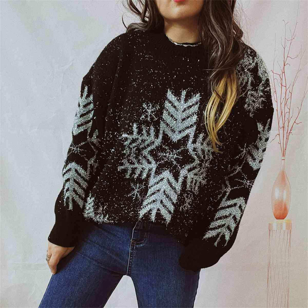 Snowflake Pattern Long Sleeve Sweater - Trendsi - Flyclothing LLC
