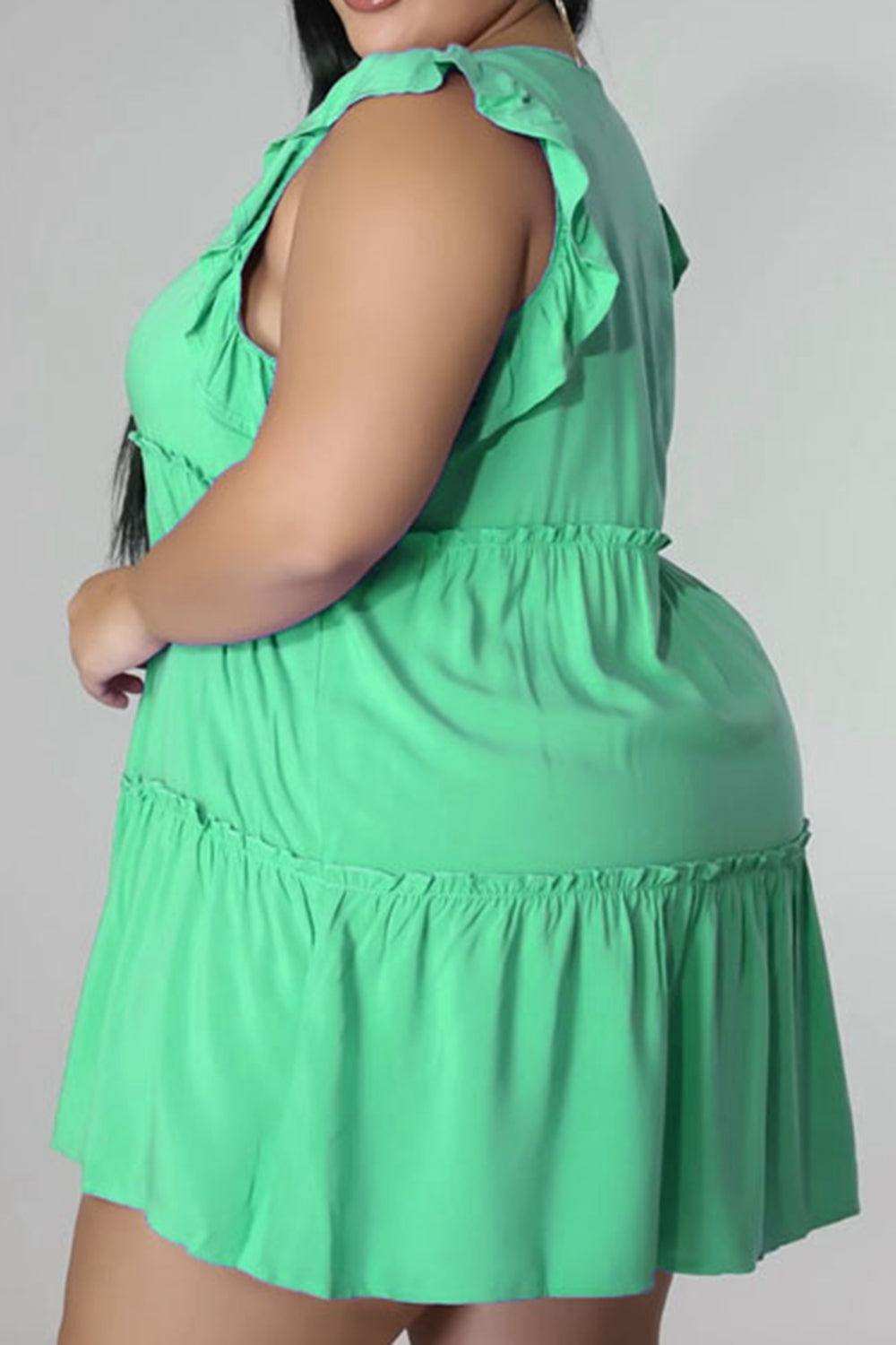Plus Size V-Neck Frill Trim Mini Dress - Trendsi - Flyclothing LLC