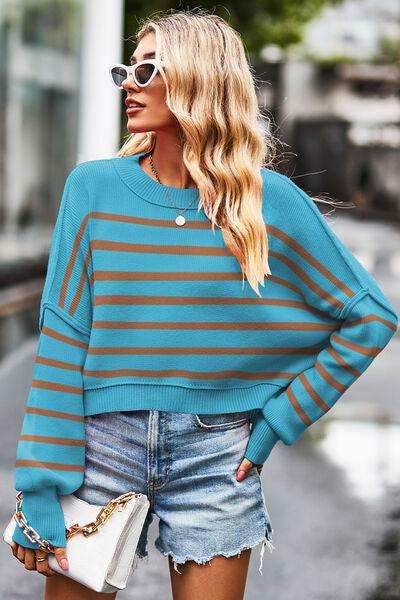Striped Round Neck Drop Shoulder Slit Sweater - Trendsi - Flyclothing LLC