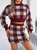 Plaid Round Neck Top and Skirt Sweater Set - Trendsi - Flyclothing LLC