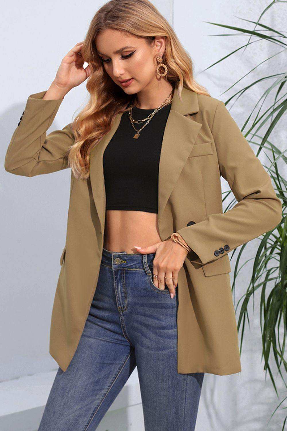 Lapel Neck Long Sleeve Blazer with Pockets - Trendsi - Flyclothing LLC