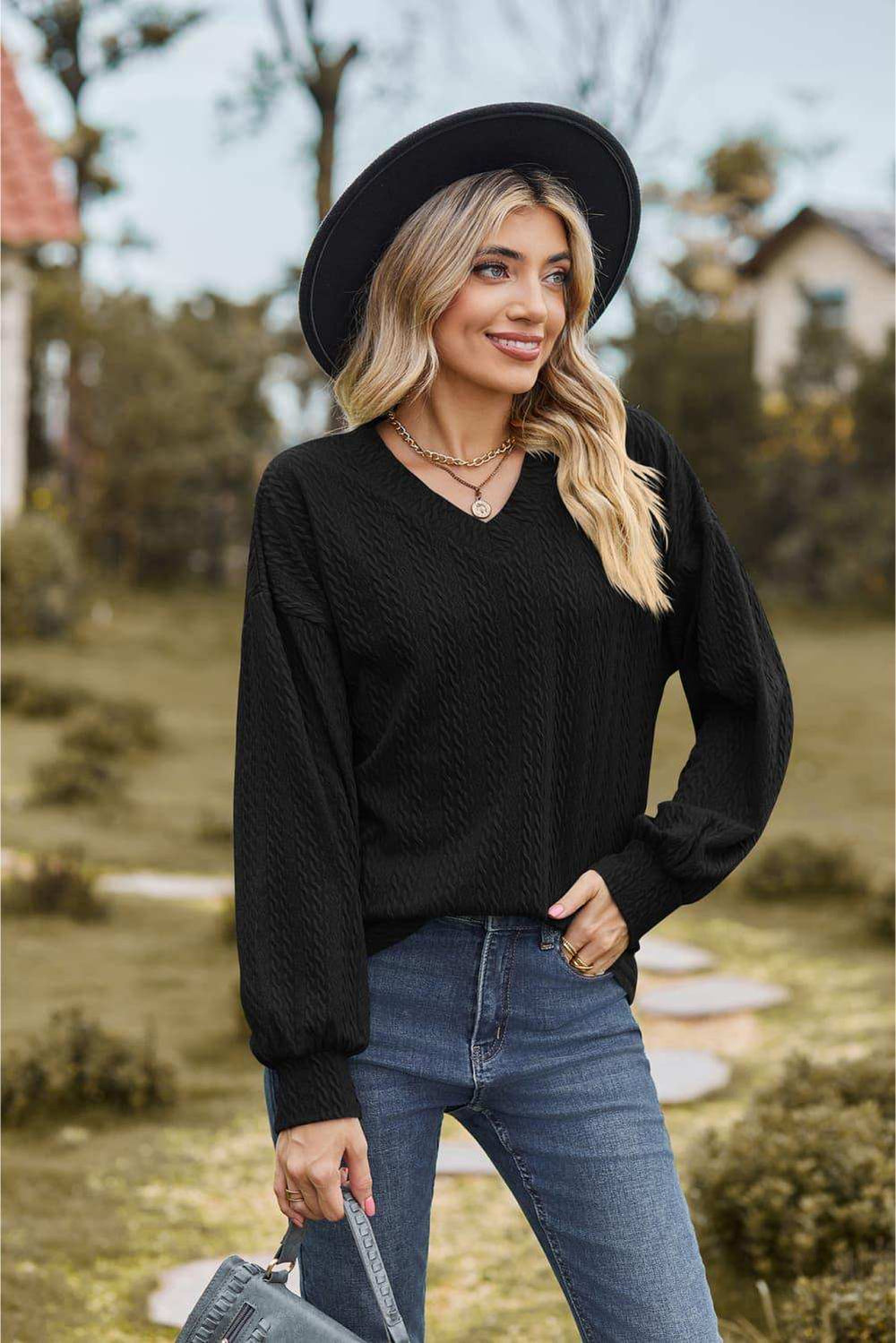 V-Neck Dropped Shoulder Blouse - Trendsi - Flyclothing LLC