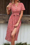 Ditsy Floral Button Front Tied Puff Sleeve Dress - Trendsi - Flyclothing LLC