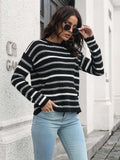 Striped Round Neck Dropped Shoulder Sweater - Trendsi - Flyclothing LLC