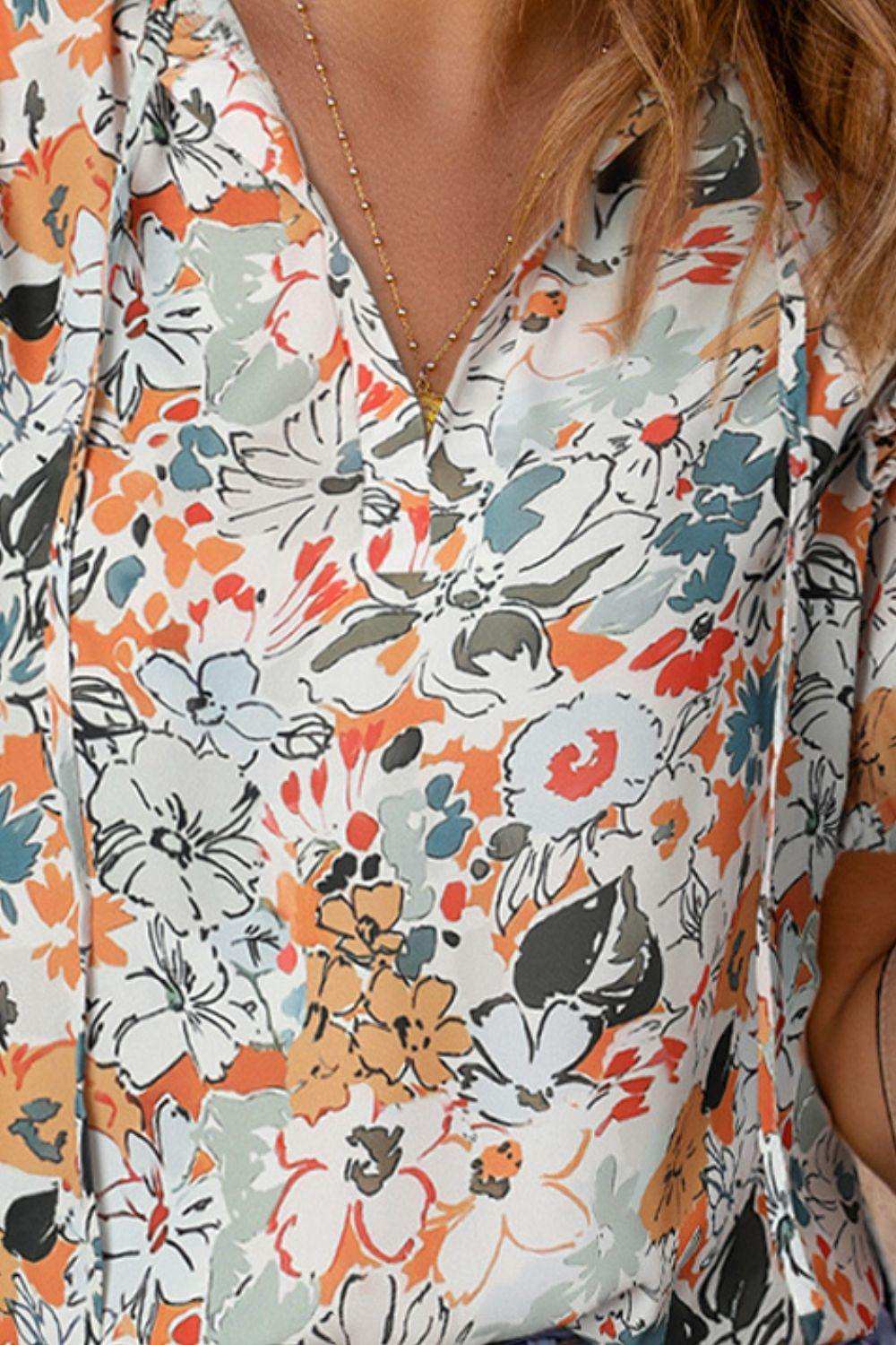 Floral Tie Neck Shoulder Detail Blouse - Trendsi - Flyclothing LLC