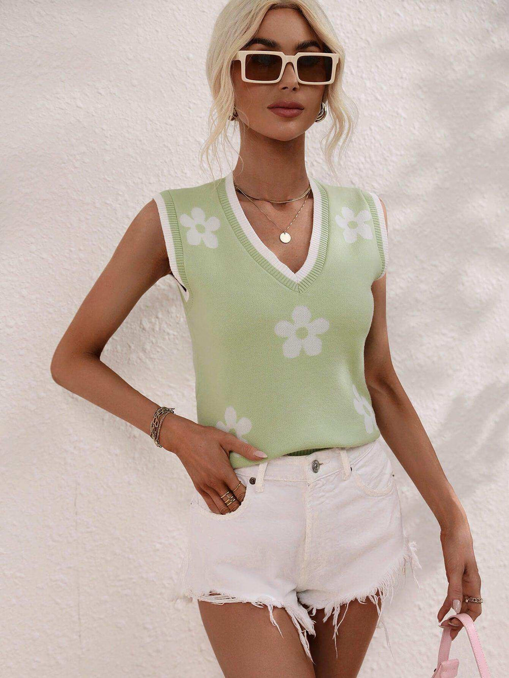 Floral Contrast Ribbed Trim Sweater Vest - Trendsi - Flyclothing LLC