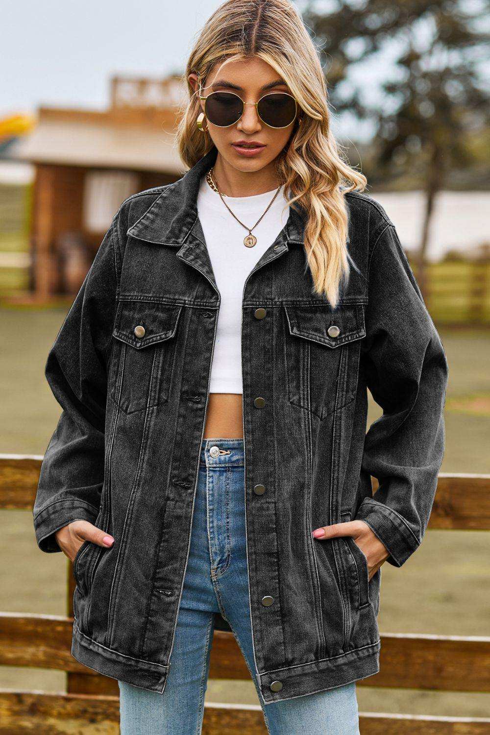 Buttoned Collared Neck Denim Jacket with Pockets - Trendsi - Flyclothing LLC
