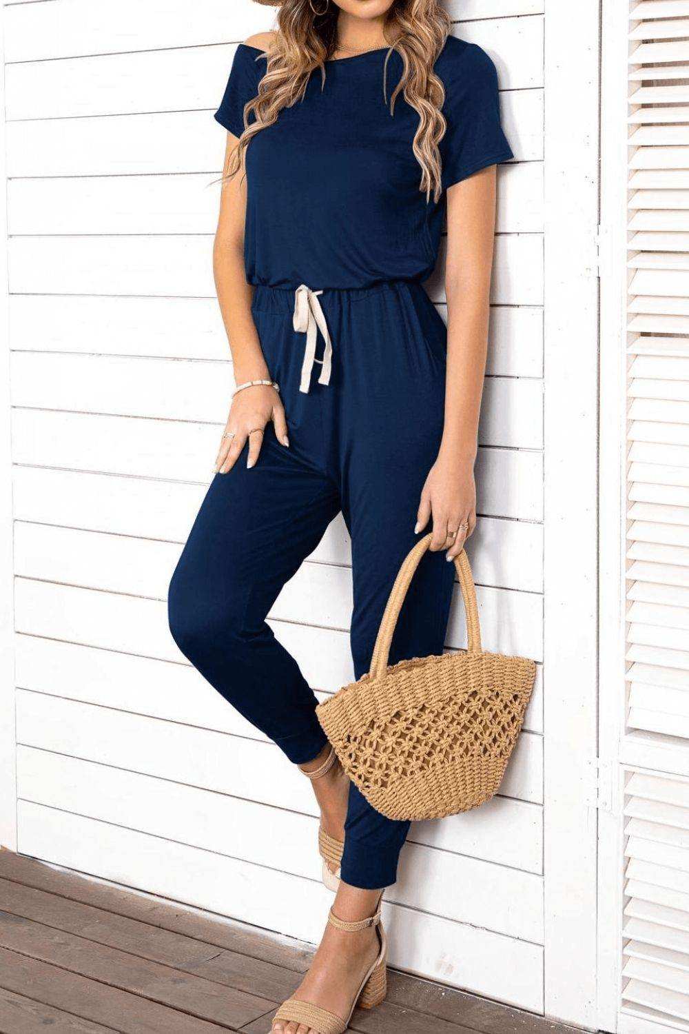 Asymmetrical Neck Short Sleeve Jumpsuit - Trendsi - Flyclothing LLC