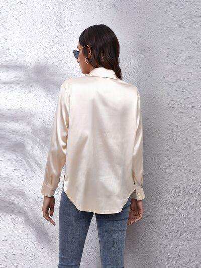 Button Up Collared Neck Long Sleeve Shirt - Trendsi - Flyclothing LLC