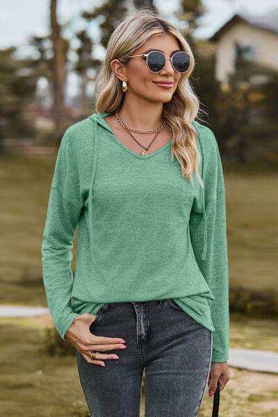 Drawstring Dropped Shoulder Hooded T-Shirt - Trendsi - Flyclothing LLC