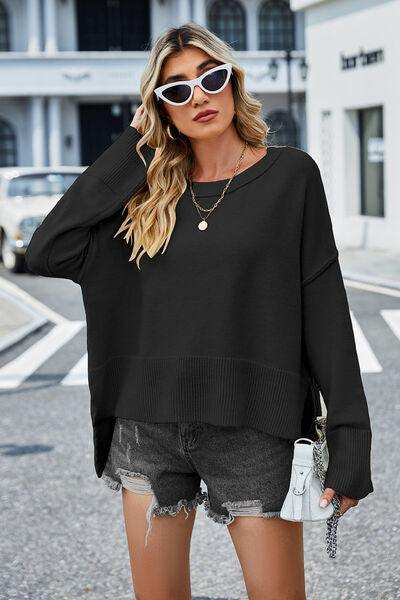 High-Low Slit Round Neck Long Sleeve Sweater - Trendsi - Flyclothing LLC