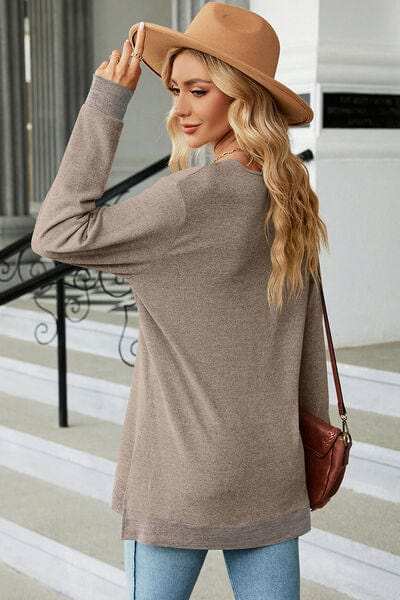 Slit V-Neck Long Sleeve T-Shirt - Trendsi - Flyclothing LLC